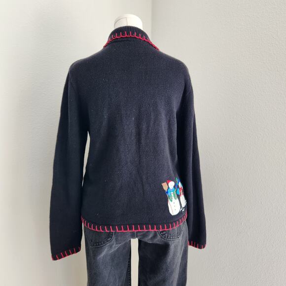 Vintage 90s Basic Editions Holiday Black Snowflake Christmas Sweater Cardigan M - Picture 8 of 10